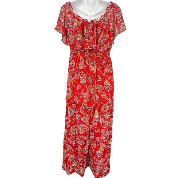 Rabbit Designs Womens Floral Red Maxi Ruffle Smocked Waist Peasant Dress NWT 10 - Picture 13 of 16